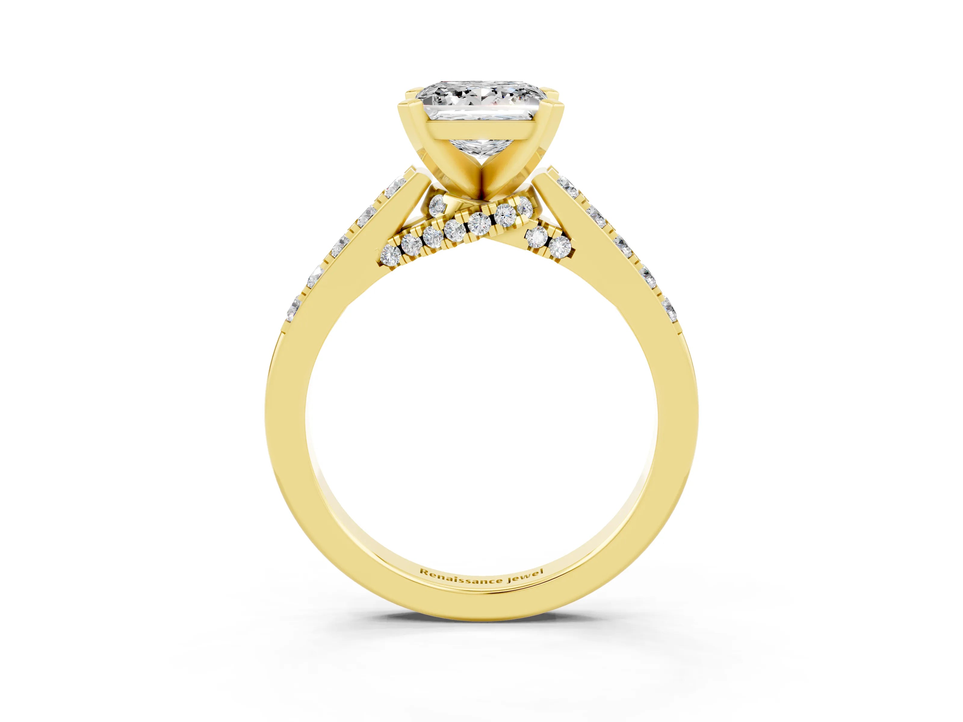 Yellow gold Princess Cut Diamond Solitaire Ring with Pavé Band and Prong Setting_15