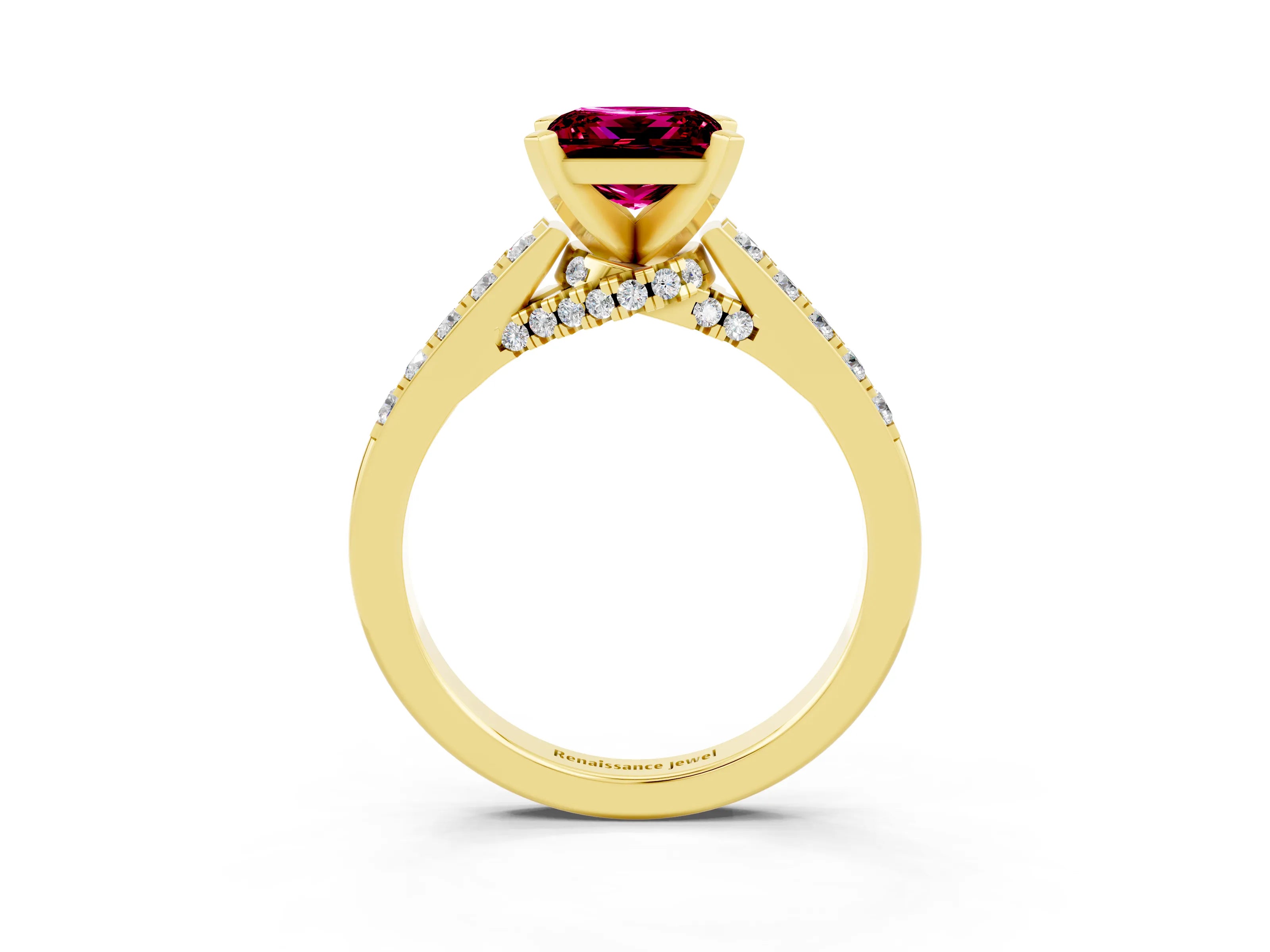 Yellow gold Princess Cut Diamond Solitaire Ring with Pavé Band and Prong Setting_15