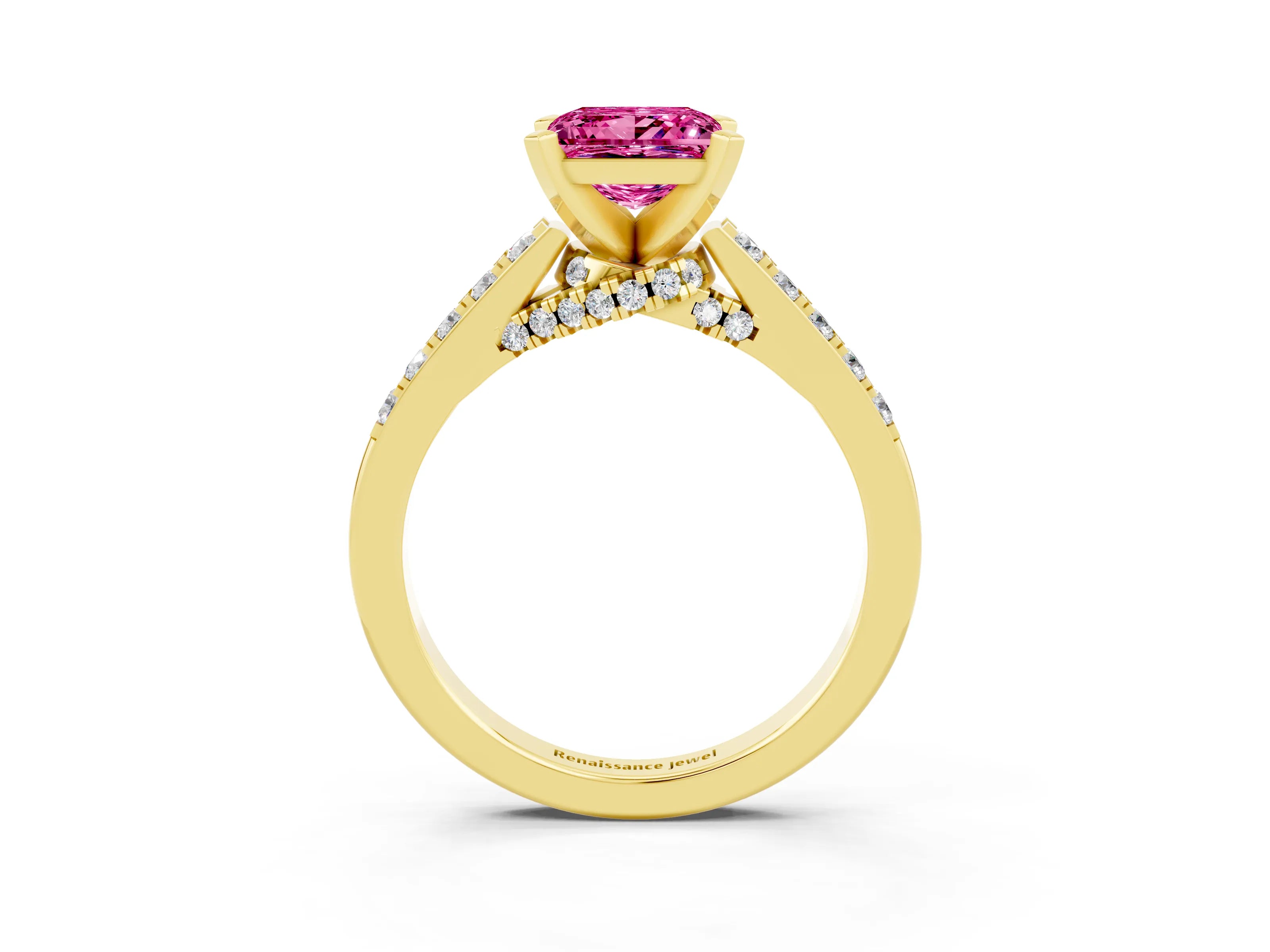 Yellow gold Princess Cut Diamond Solitaire Ring with Pavé Band and Prong Setting_15