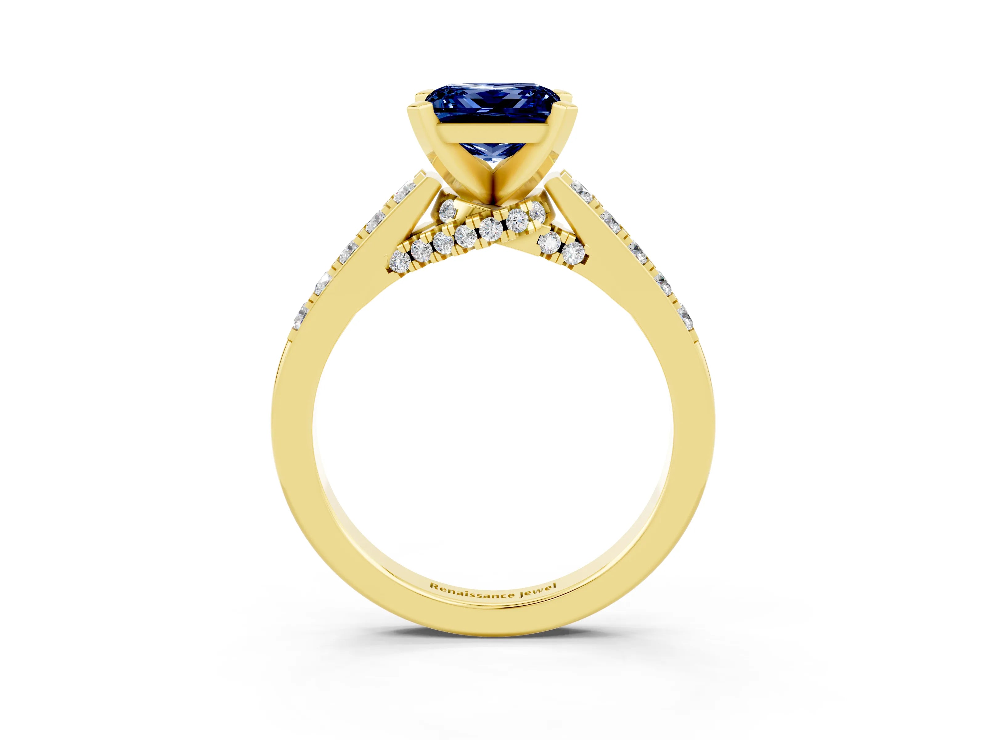 Yellow gold Princess Cut Diamond Solitaire Ring with Pavé Band and Prong Setting_15