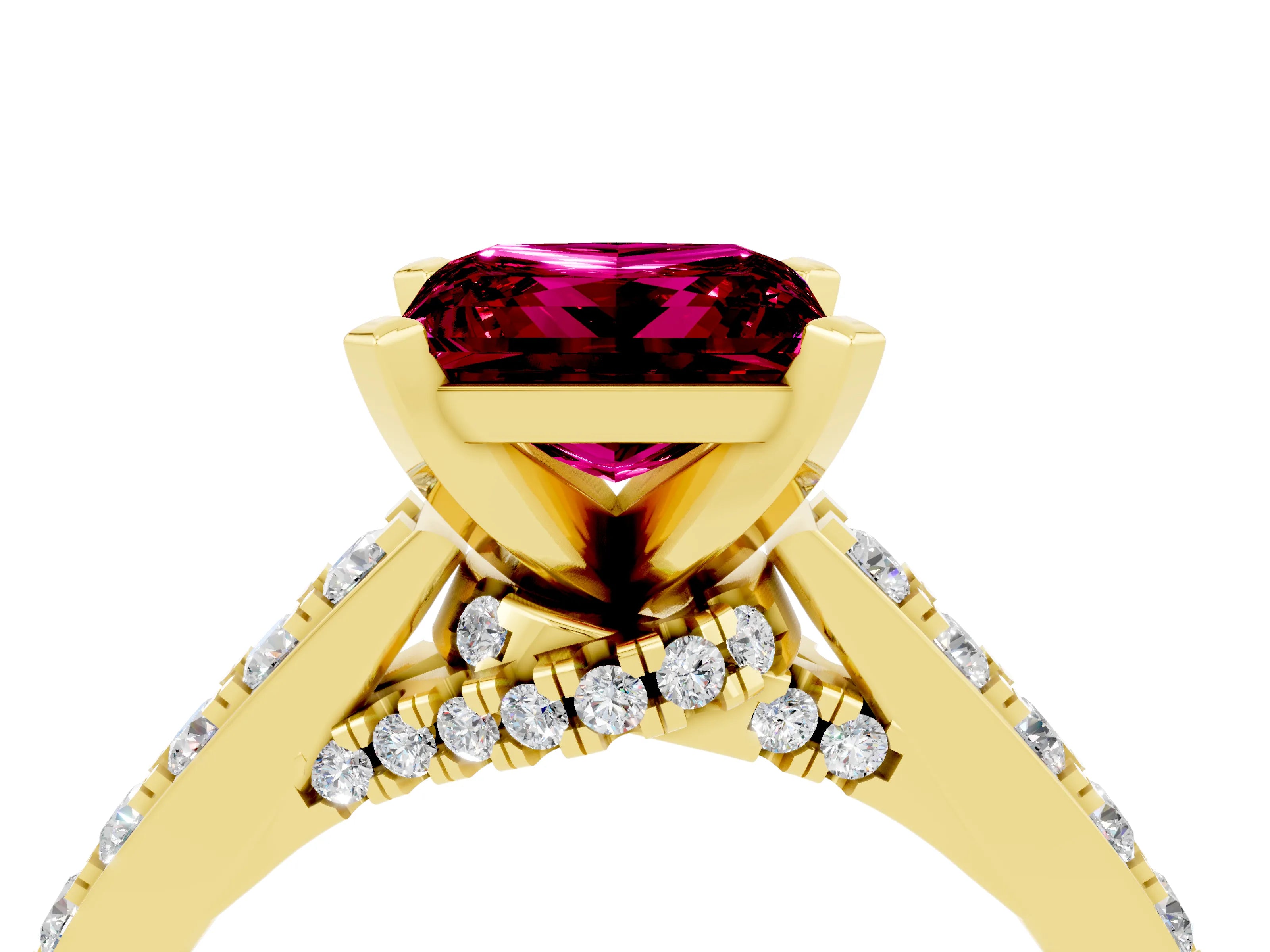 Yellow gold Princess Cut Diamond Solitaire Ring with Pavé Band and Prong Setting_16