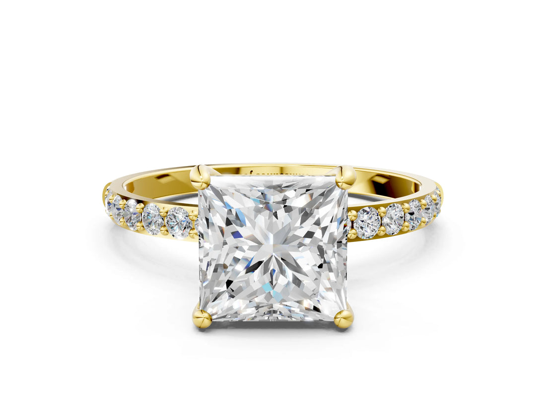 Yellow gold Princess Cut Diamond Solitaire Ring with Pave Band and Four Prong Setting_158