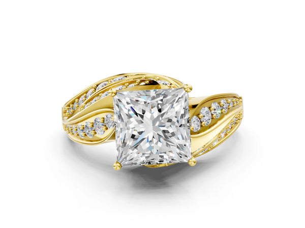 Yellow gold Princess Cut Diamond Solitaire Ring with Prong Setting and Twisted Pavé Band