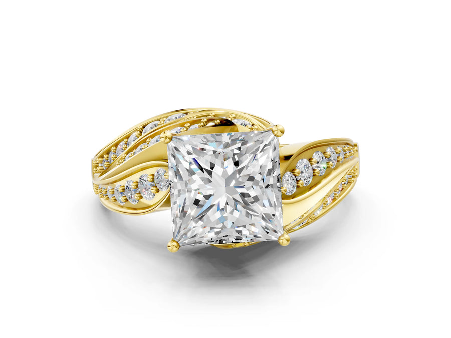 Yellow gold Princess Cut Diamond Solitaire Ring with Prong Setting and Twisted Pavé Band