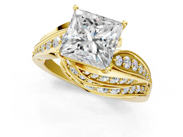 Yellow gold Princess Cut Diamond Solitaire Ring with Prong Setting and Twisted Pavé Band