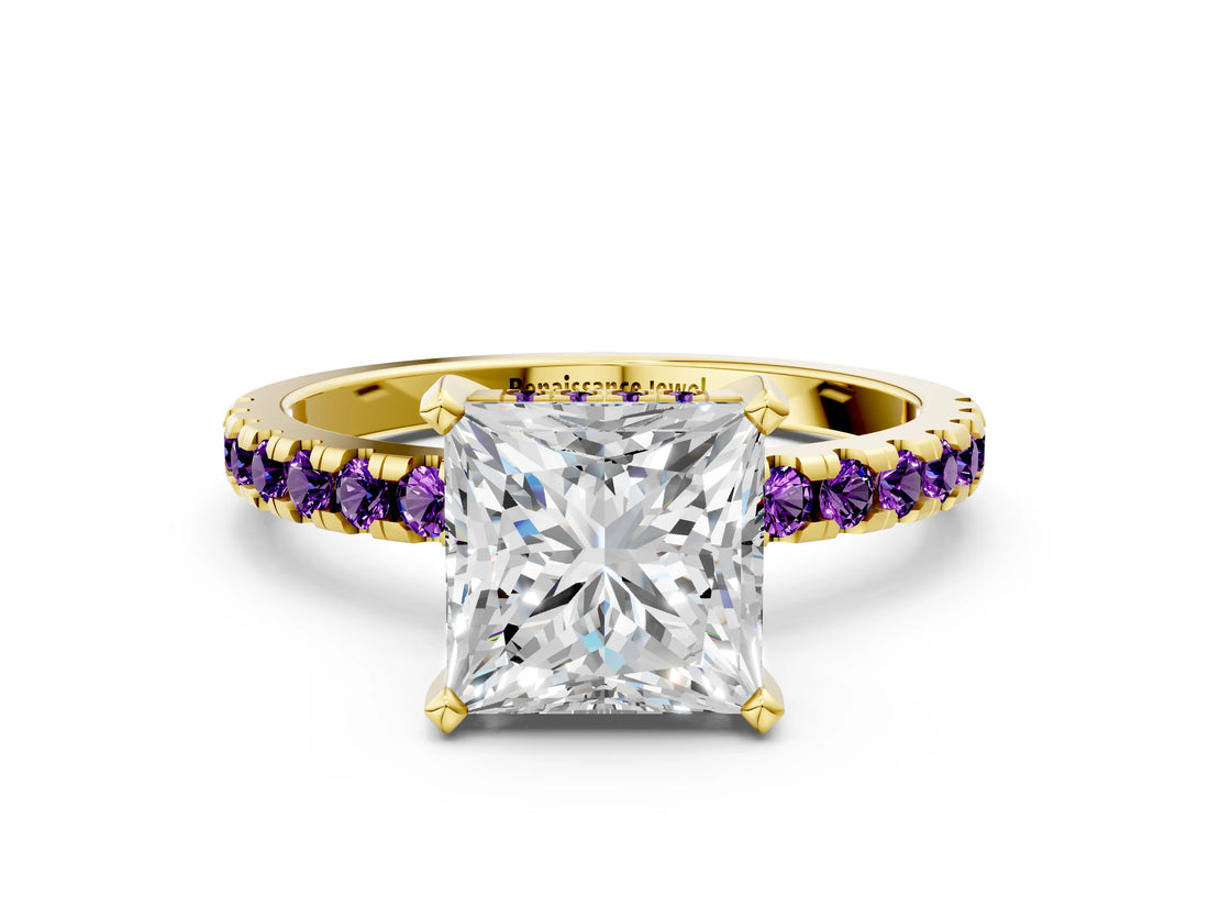 Yellow gold Princess Cut Diamond Solitaire Ring with Round with Amethyst side stone Pavé Band and Four-Prong Setting_36