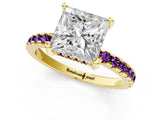 Yellow gold Princess Cut Diamond Solitaire Ring with Round with Amethyst side stone Pavé Band and Four-Prong Setting_37