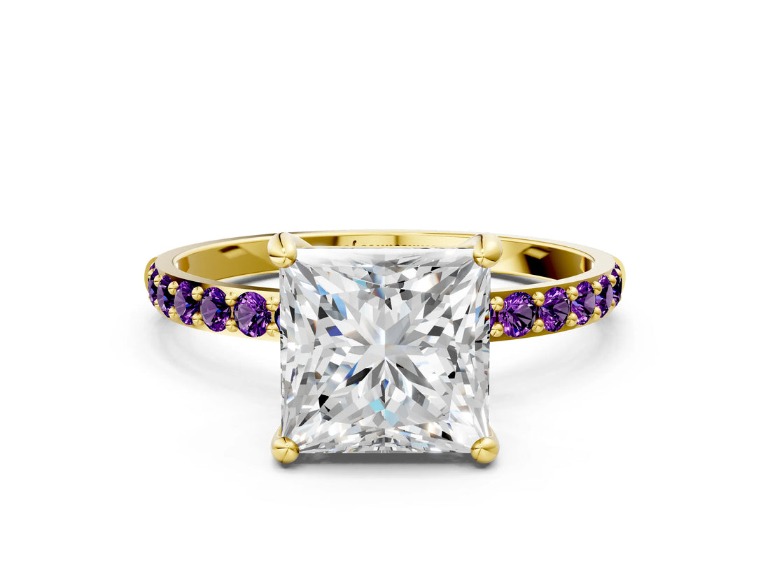 Yellow gold Princess Cut Diamond Solitaire Ring with Round with Amethyst side stone Pavé Band and Prong Setting_12