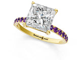 Yellow gold Princess Cut Diamond Solitaire Ring with Round with Amethyst side stone Pavé Band and Prong Setting_13