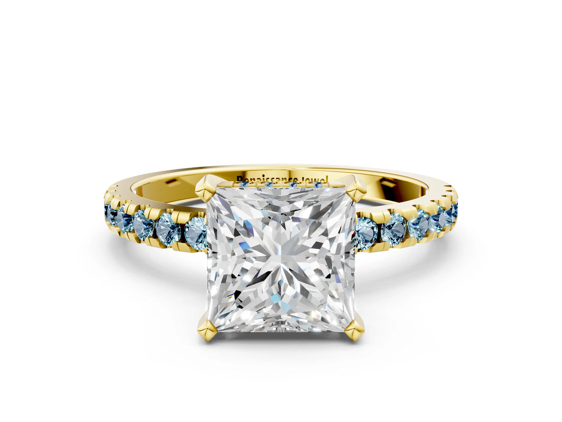 Yellow gold Princess Cut Diamond Solitaire Ring with Round with Aquamarine side stone Pavé Band and Four-Prong Setting_36