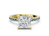 Yellow gold Princess Cut Diamond Solitaire Ring with Round with Aquamarine side stone Pavé Band and Four-Prong Setting_36
