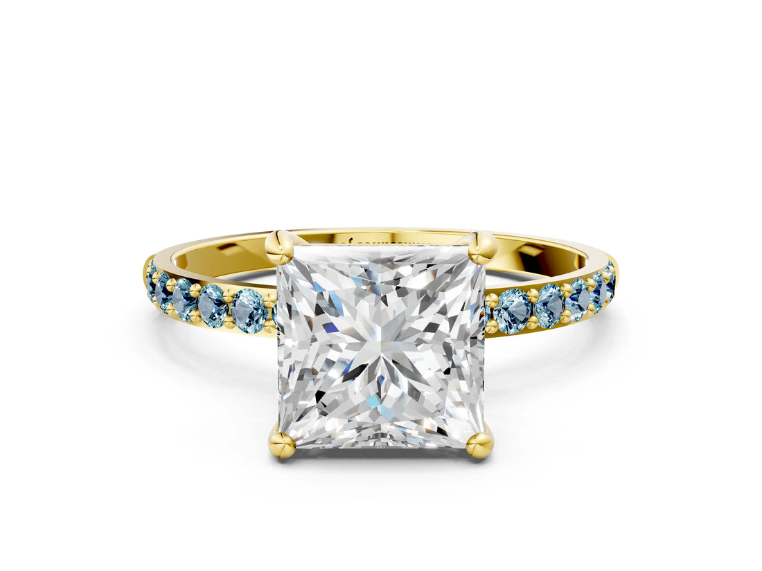 Yellow gold Princess Cut Diamond Solitaire Ring with Round with Aquamarine side stone Pavé Band and Prong Setting_24