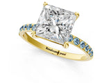 Yellow gold Princess Cut Diamond Solitaire Ring with Round with Aquamarine side stone Pavé Band and Prong Setting_25