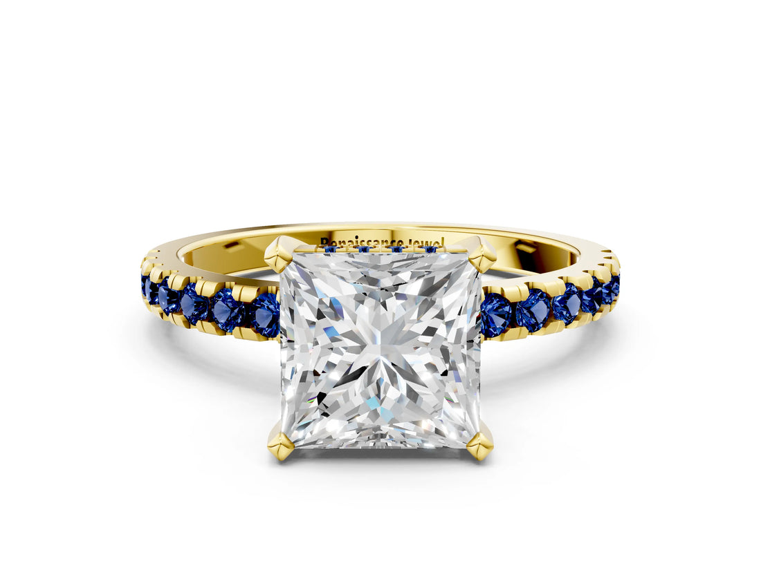 Yellow gold Princess Cut Diamond Solitaire Ring with Round with Blue Sapphire side stone Pavé Band and Four-Prong Setting_36