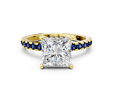 Yellow gold Princess Cut Diamond Solitaire Ring with Round with Blue Sapphire side stone Pavé Band and Four-Prong Setting_36