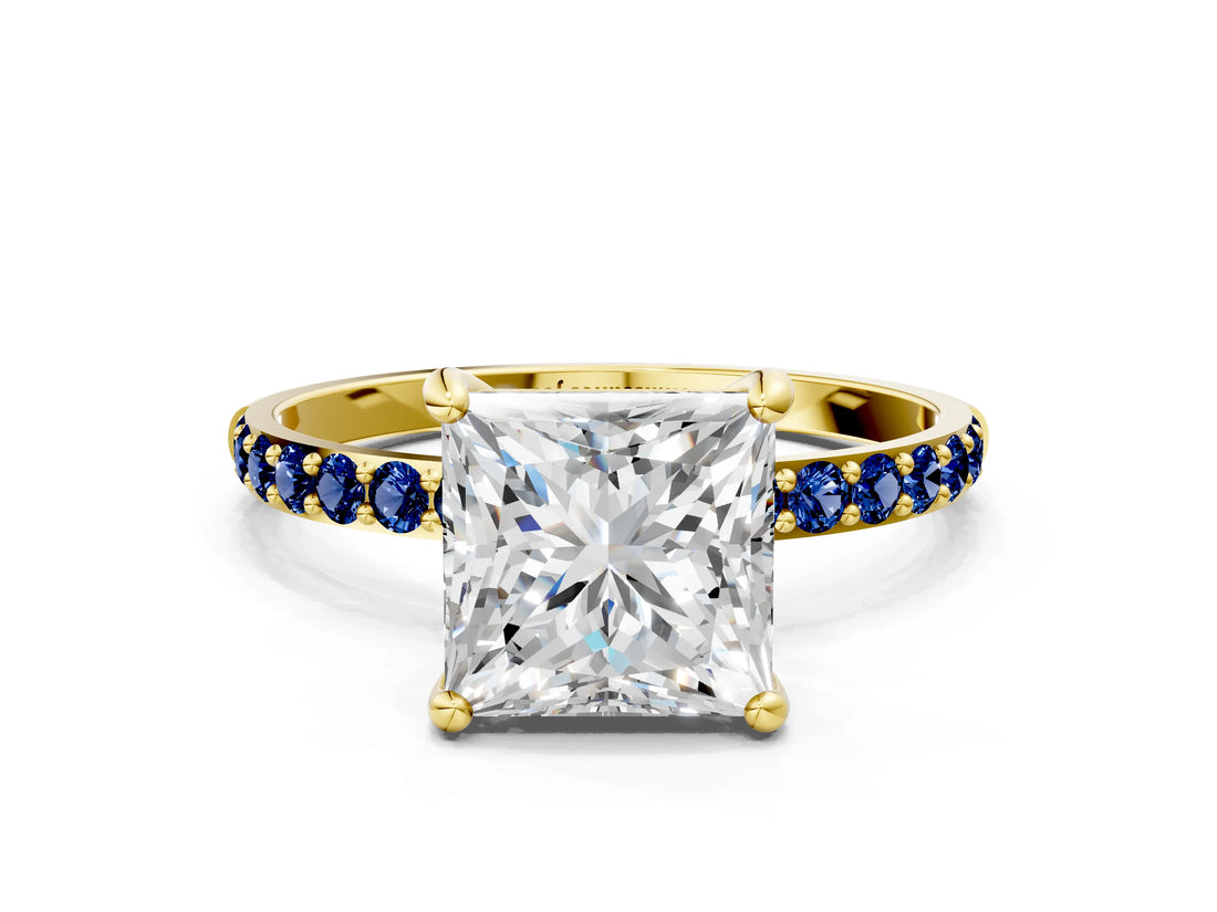 Yellow gold Princess Cut Diamond Solitaire Ring with Round with Blue Sapphire side stone Pavé Band and Prong Setting_12