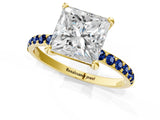 Yellow gold Princess Cut Diamond Solitaire Ring with Round with Blue Sapphire side stone Pavé Band and Prong Setting_13