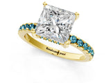 Yellow gold Princess Cut Diamond Solitaire Ring with Round with Blue Topaz side stone Pavé Band and Four-Prong Setting_37
