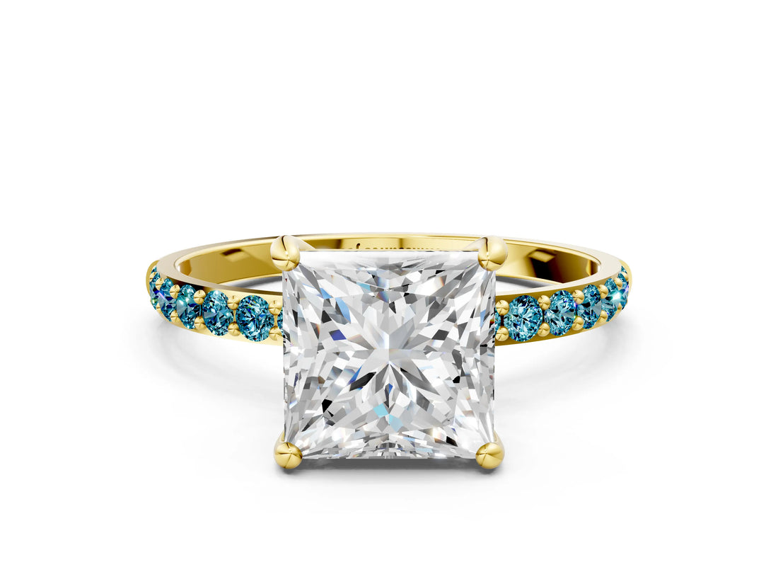 Yellow gold Princess Cut Diamond Solitaire Ring with Round with Blue Topaz side stone Pavé Band and Prong Setting_12