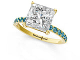 Yellow gold Princess Cut Diamond Solitaire Ring with Round with Blue Topaz side stone Pavé Band and Prong Setting_13