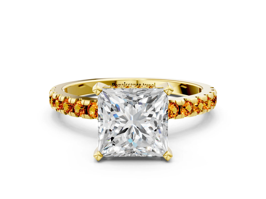 Yellow gold Princess Cut Diamond Solitaire Ring with Round with Citrine side stone Pavé Band and Four-Prong Setting_36