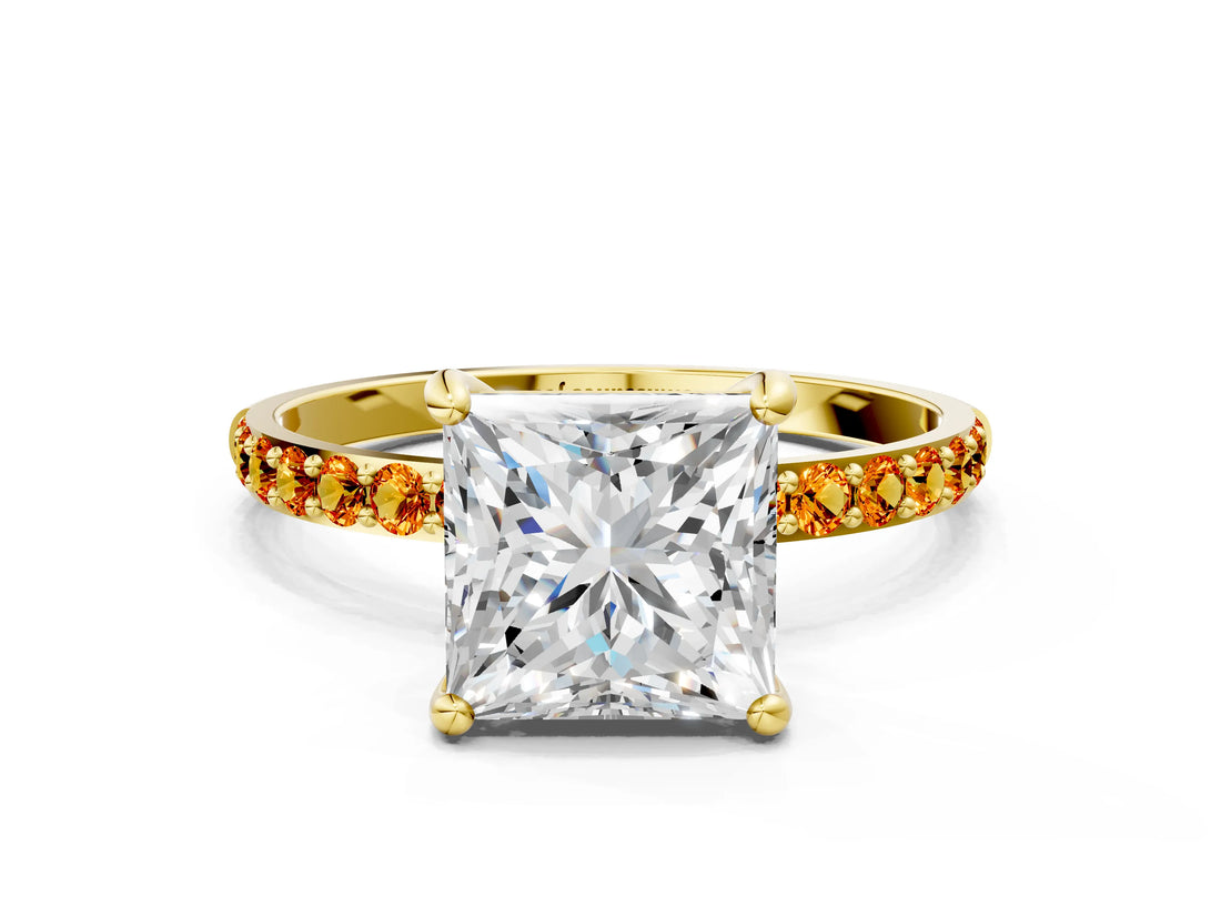 Yellow gold Princess Cut Diamond Solitaire Ring with Round with Citrine side stone Pavé Band and Prong Setting_12