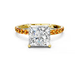 Yellow gold Princess Cut Diamond Solitaire Ring with Round with Citrine side stone Pavé Band and Prong Setting_12
