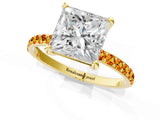 Yellow gold Princess Cut Diamond Solitaire Ring with Round with Citrine side stone Pavé Band and Prong Setting_13