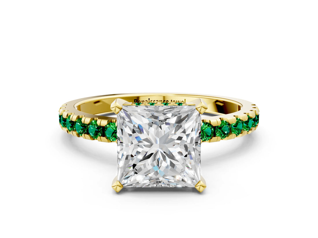 Yellow gold Princess Cut Diamond Solitaire Ring with Round with Emerald side stone Pavé Band and Four-Prong Setting_36