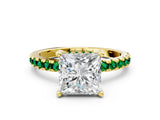Yellow gold Princess Cut Diamond Solitaire Ring with Round with Emerald side stone Pavé Band and Four-Prong Setting_36
