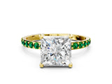 Yellow gold Princess Cut Diamond Solitaire Ring with Round with Emerald side stone Pavé Band and Prong Setting_44