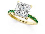 Yellow gold Princess Cut Diamond Solitaire Ring with Round with Emerald side stone Pavé Band and Prong Setting_45
