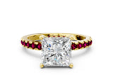 Yellow gold Princess Cut Diamond Solitaire Ring with Round with Garnet side stone Pavé Band and Four-Prong Setting_36