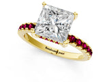 Yellow gold Princess Cut Diamond Solitaire Ring with Round with Garnet side stone Pavé Band and Four-Prong Setting_37