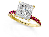 Yellow gold Princess Cut Diamond Solitaire Ring with Round with Garnet side stone Pavé Band and Prong Setting_44