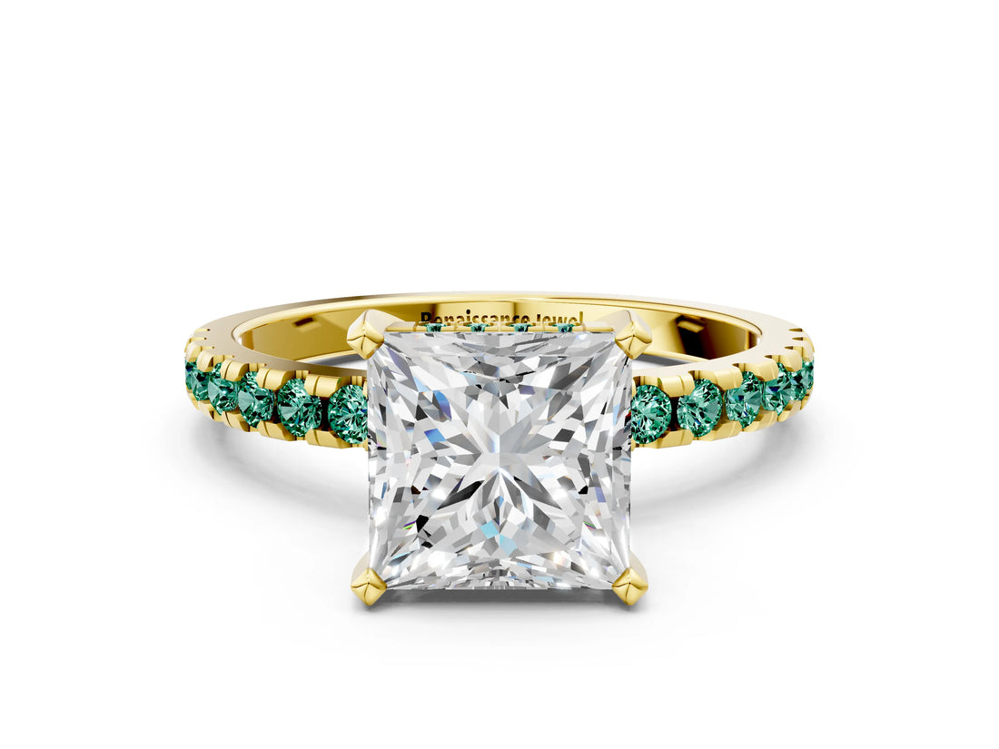 Yellow gold Princess Cut Diamond Solitaire Ring with Round with Green Sapphire side stone Pavé Band and Four-Prong Setting_36