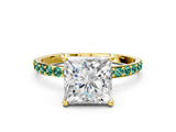 Yellow gold Princess Cut Diamond Solitaire Ring with Round with Green Sapphire side stone Pavé Band and Prong Setting