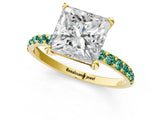 Yellow gold Princess Cut Diamond Solitaire Ring with Round with Green Sapphire side stone Pavé Band and Prong Setting_1