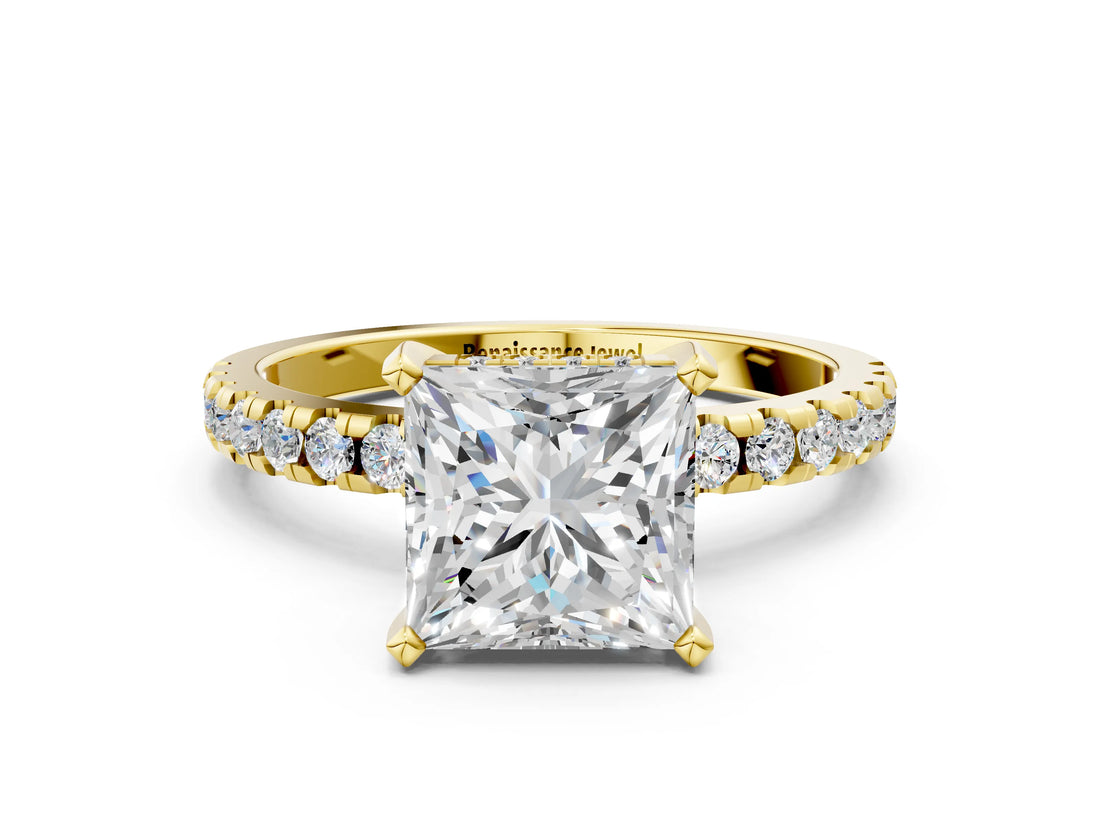 Yellow gold Princess Cut Diamond Solitaire Ring with Round with Moissanite side stone Pavé Band and Four-Prong Setting_36