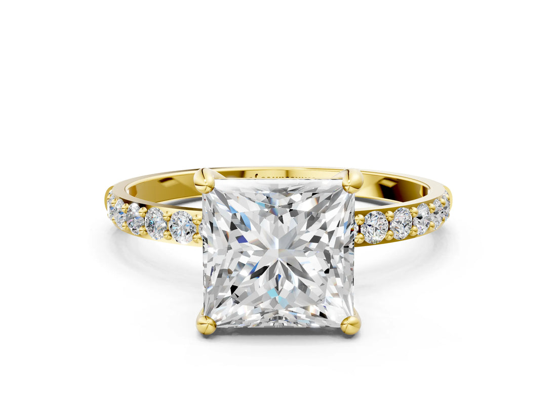 Yellow gold Princess Cut Diamond Solitaire Ring with Round with Moissanite side stone Pavé Band and Prong Setting_12