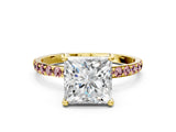 Yellow gold Princess Cut Diamond Solitaire Ring with Round with Morganite side stone Pavé Band and Prong Setting_12