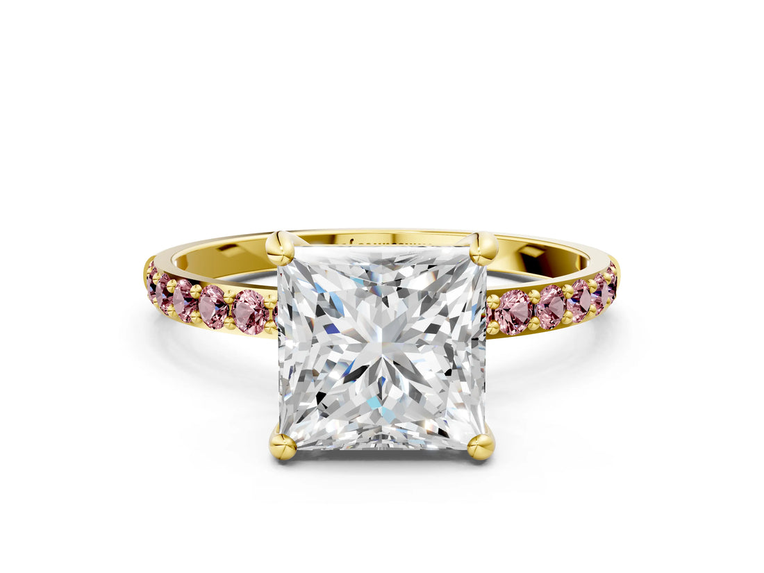 Yellow gold Princess Cut Diamond Solitaire Ring with Round with Morganite side stone Pavé Band and Prong Setting_19