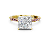 Yellow gold Princess Cut Diamond Solitaire Ring with Round with Morganite side stone Pavé Band and Prong Setting_19