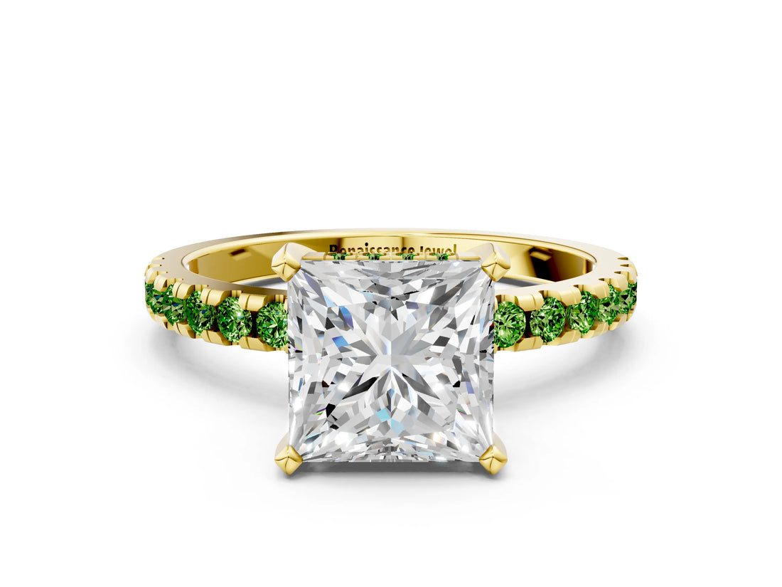Yellow gold Princess Cut Diamond Solitaire Ring with Round with Peridot side stone Pavé Band and Four-Prong Setting_36