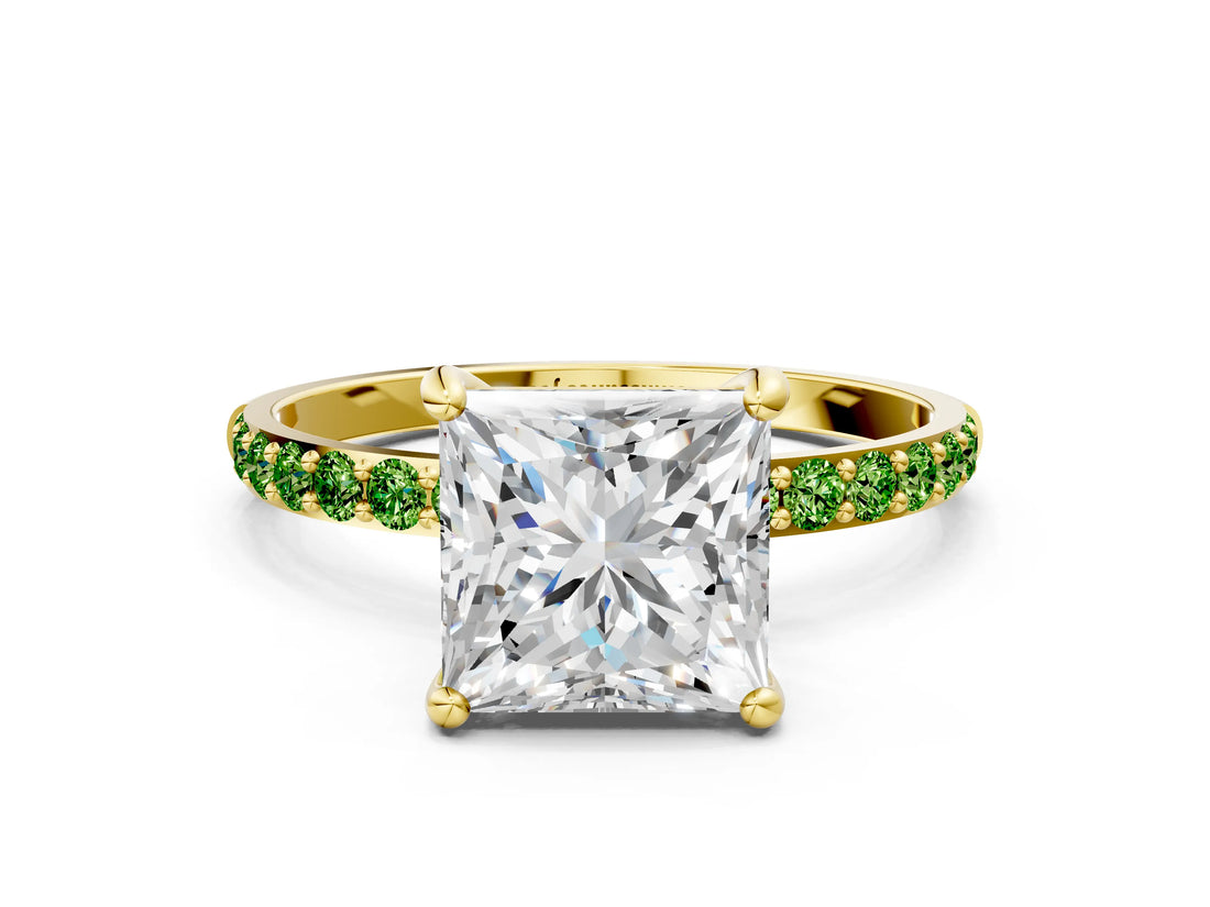 Yellow gold Princess Cut Diamond Solitaire Ring with Round with Peridot side stone Pavé Band and Prong Setting