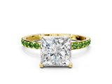 Yellow gold Princess Cut Diamond Solitaire Ring with Round with Peridot side stone Pavé Band and Prong Setting