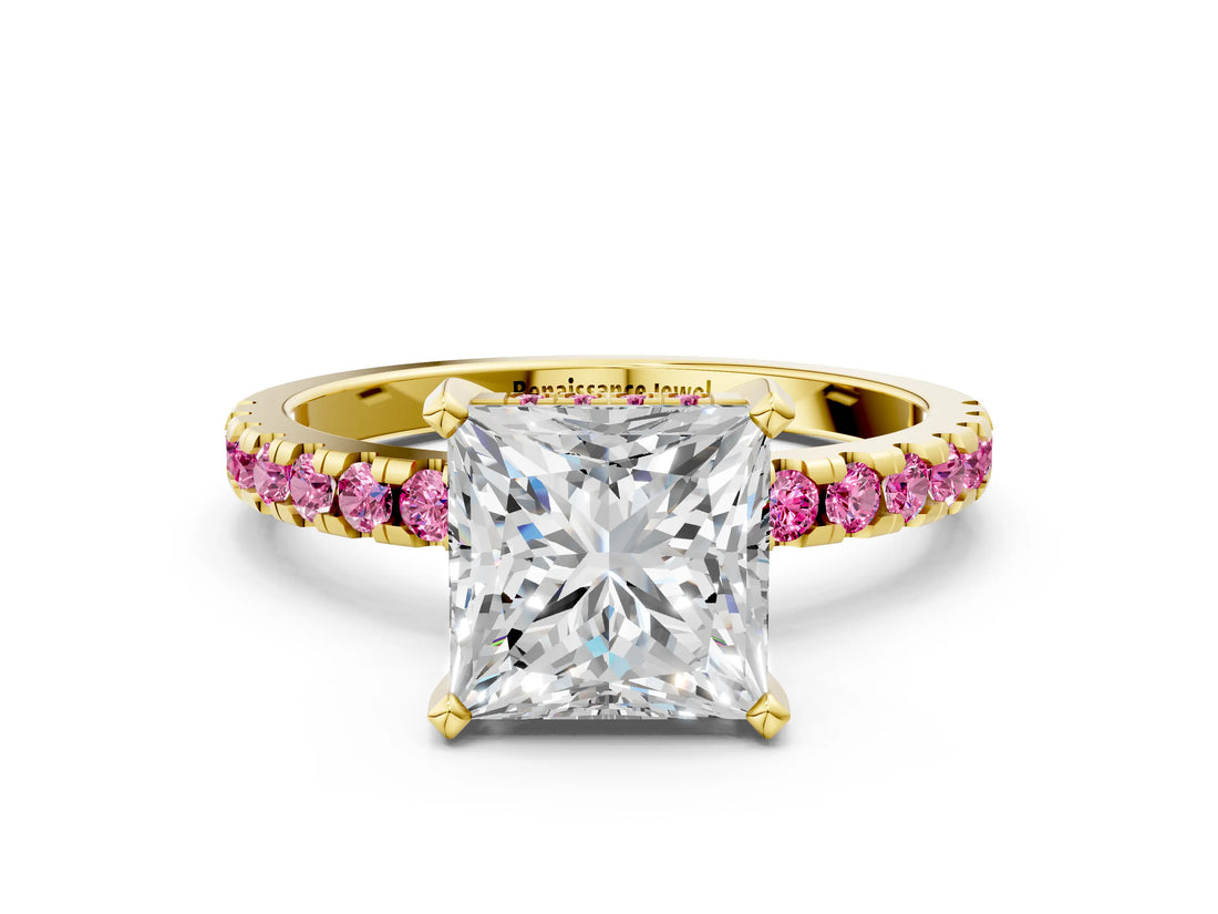 Yellow gold Princess Cut Diamond Solitaire Ring with Round with Pink Sapphire side stone Pavé Band and Four-Prong Setting_36