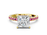 Yellow gold Princess Cut Diamond Solitaire Ring with Round with Pink Sapphire side stone Pavé Band and Four-Prong Setting_36