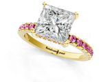 Yellow gold Princess Cut Diamond Solitaire Ring with Round with Pink Sapphire side stone Pavé Band and Four-Prong Setting_37