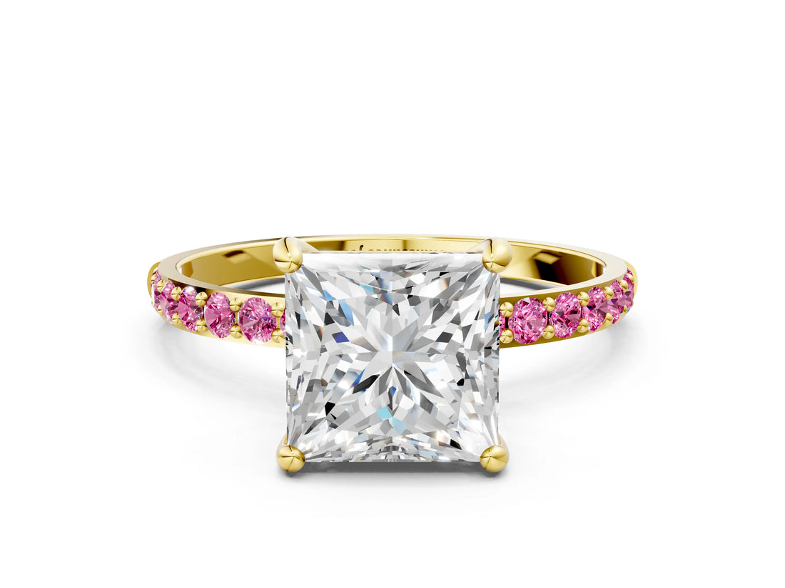 Yellow gold Princess Cut Diamond Solitaire Ring with Round with Pink Sapphire side stone Pavé Band and Prong Setting_12